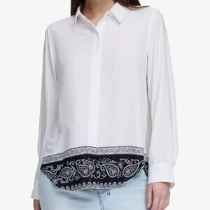 DKNY White Black Paisley High Low Button Front Blouse Size M